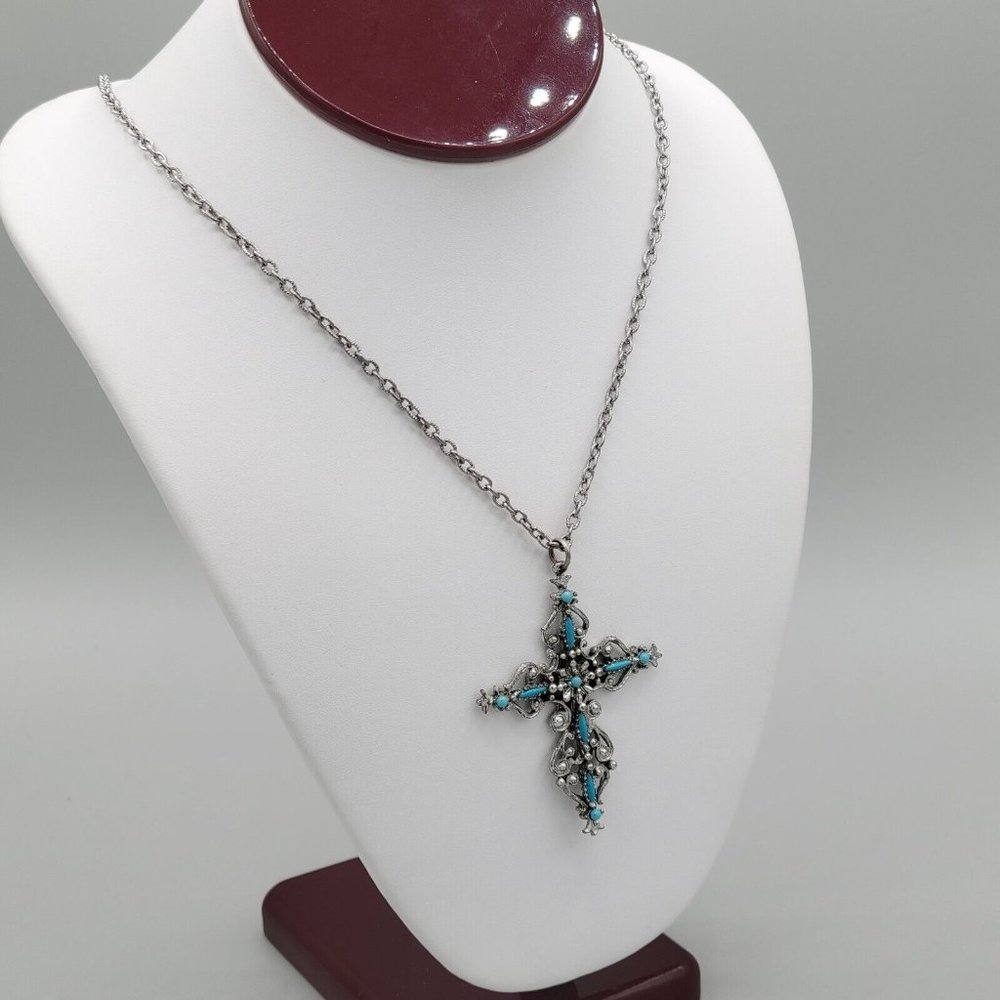 Unisex Silver Tone Cable Chain Fashion Necklace Cross Shaped Pendant 24 in - Picture 3 of 9